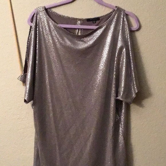 Metallic silver midi/mini sheath dress with open short sleeves, M - Picture 3 of 7